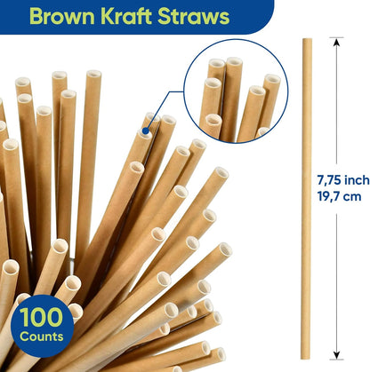 Disposable Paper Straws Solid Green - 7.75'' x 0.24'', 100 Counts - for Drinking, Beverage, Juice, Soda, Bar Supplies