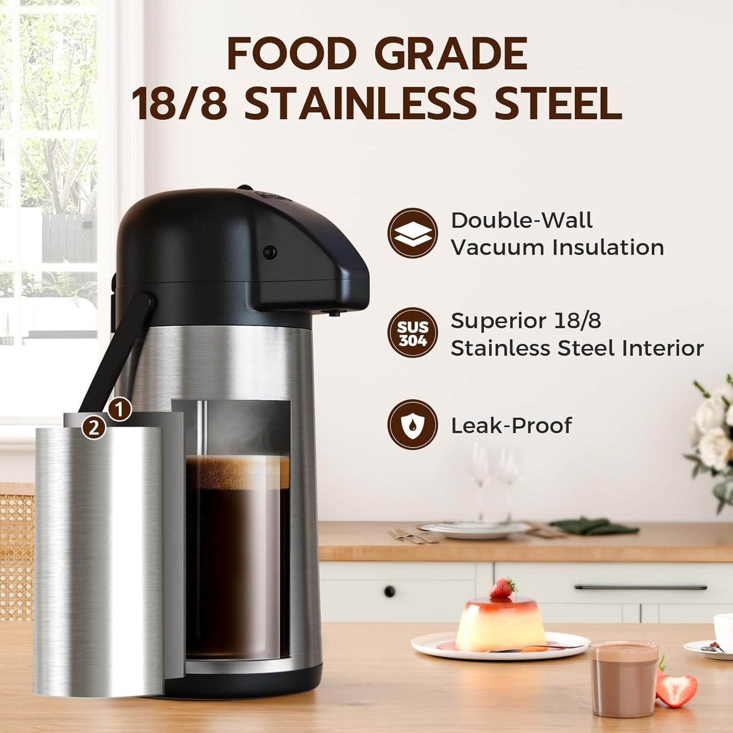 Coffee Carafe for Keeping Hot - Gezoss 102OZ / 3L Airpot Coffee Dispenser with Pump - Large Coffee Carafe for Hot Drinks Tea Liquid - Insulated Stainless Steel Hot Water Beverage Urn for Parties