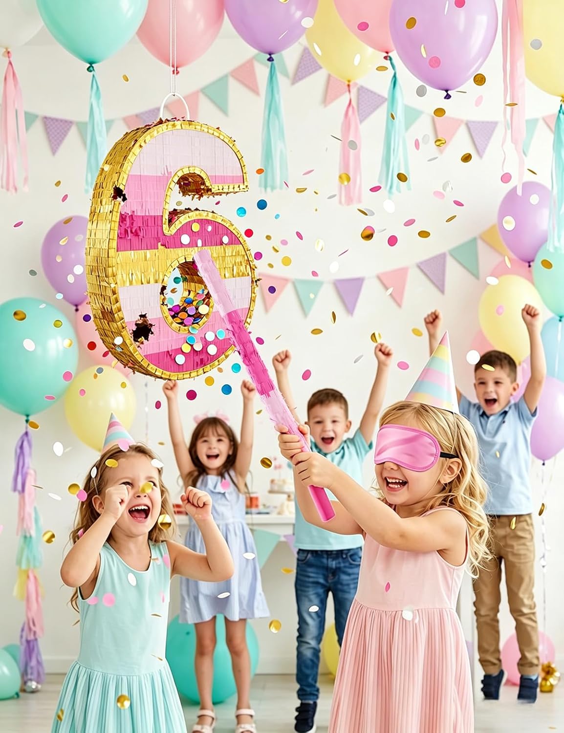Number 5 Piñata with Stick, Blindfold & Confetti-Pink Piñata for Birthday Parties, Complete Party Game Set for Kids Girls-Gradient Pink Birthday Decor with Fillable Design(Small, 16.5 x 11.5 x 3 In)