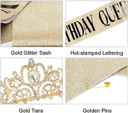 COCIDE Birthday Queen Sash & Rhinestone Tiara Set Gold Happy Birthday Crowns for Women Party Decoration Kit Rhinestone Headband for Women Glitter Crystal Hair Accessories for Cake Topper
