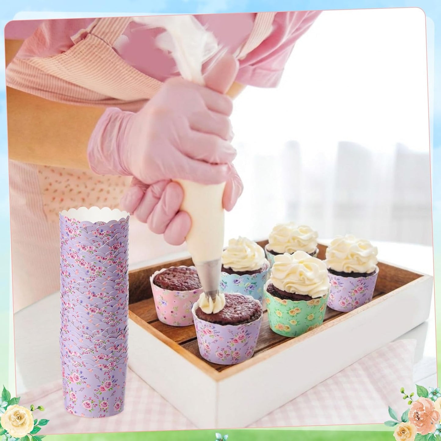 Qinyoung 120 Pcs Wildflower Cupcake Liner 4 Design Flower Paper Muffin Liner Scalloped Disposable Floral Baking Cup, Tea Party Baby/Bridal Shower Decoration for Spring Wedding Birthday Party Supplies