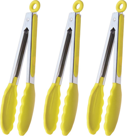 HINMAY Serving Tongs 9-Inch Cooking Tongs with Silicone Tips, Set of 3 (Black)
