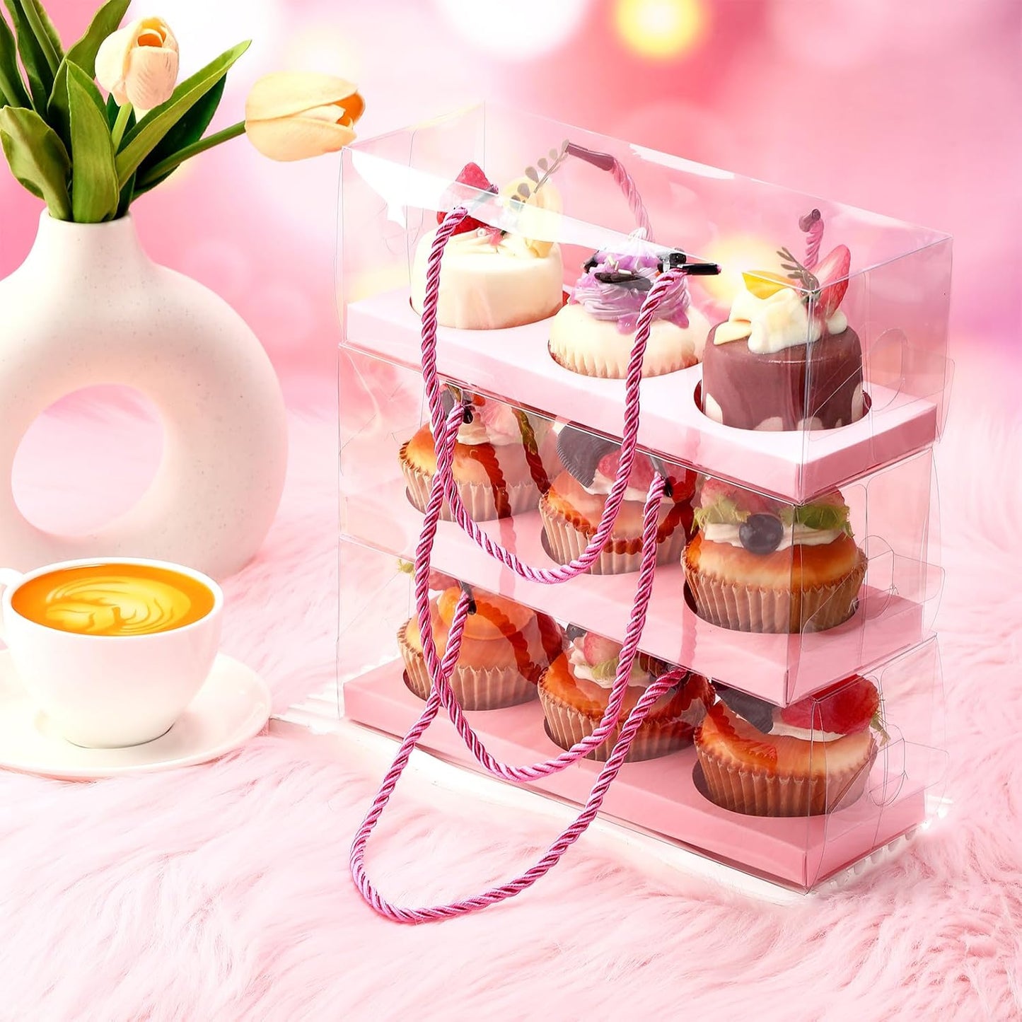 Thenshop 20 Pcs 9 x 3 x 3 Inch Clear Cupcake Boxes with Handle and Inserts 3 Count Portable Pastry Packaging for Cupcakes Carrier Muffin Bakery Containers Mothers Day Wedding Party(Brown)