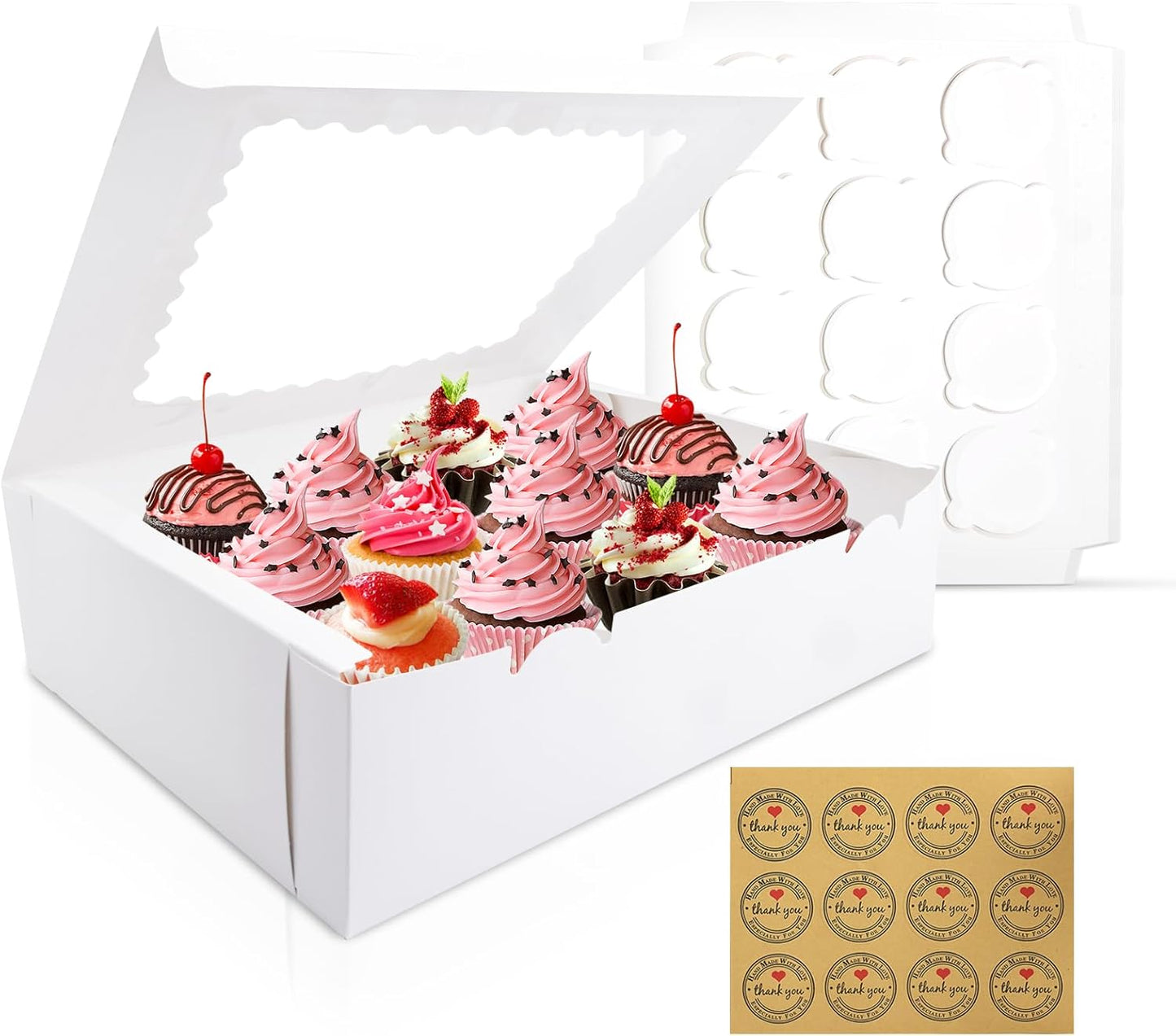 12PCS Cupcake Boxes 12 Count Cupcake Container with Window White Cupcake Holder Holding 144 Cupcakes for Birthday Holiday Party Bakery Supplies