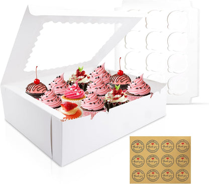 12PCS Cupcake Boxes 12 Count Cupcake Container with Window White Cupcake Holder Holding 144 Cupcakes for Birthday Holiday Party Bakery Supplies
