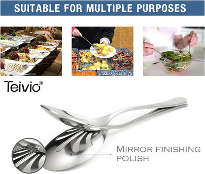 Teivio Stainless Steel Metal Serving Utensils - Large Set of 9-10" Spoons, 10" Slotted Spoons, and 9" Tongs (Silver)