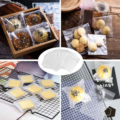 Self Adhesive Cookie Cellophane Treat Bags with Seal 4x4 Inches, 4 Mils Self Sealing Resealable Plastic Packaging Bags with Thank You Labels for Gift Giving Party Favor Bakery Candy Chocolate 100 Pcs