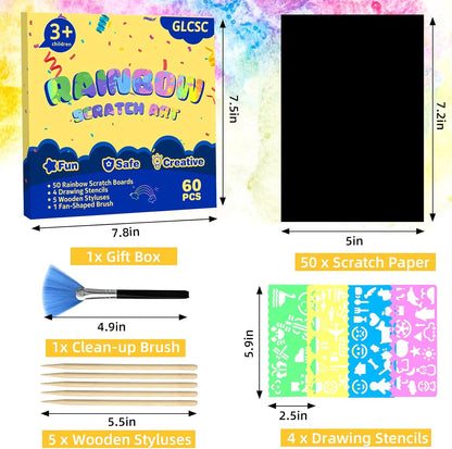 60 Pcs Scratch Art for Kids, Rainbow Scratch Paper, Black Magic Scratch Off Craft Set for 3 4 5 6 7 8 9 10 Years Old Girls and Boys Kids, Party Games Christmas Birthday Easter Gifts