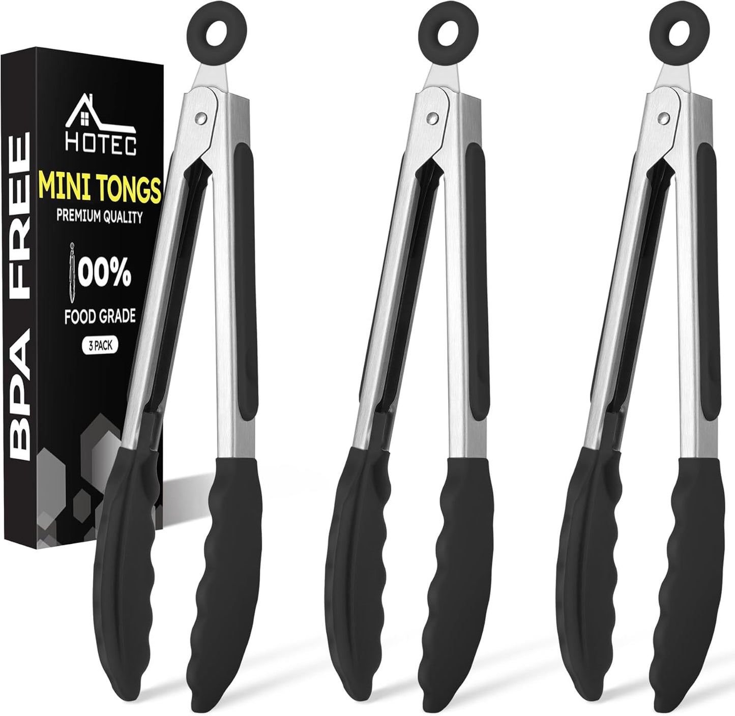 Hotec Mini Silicone Kitchen Tongs for Cooking - 7-Inch Small Serving Tongs with Silicone Tips, Set of 3 (Blue)