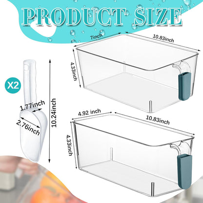 Havawish Ice Storage Bin and Flexible Scoop Set Plastic Freezer Bin with Pull Out Handle Storage Bucket Clear for Container with Scoop(Grey,10.83 x 4.92 x 4.33 in,Classic)
