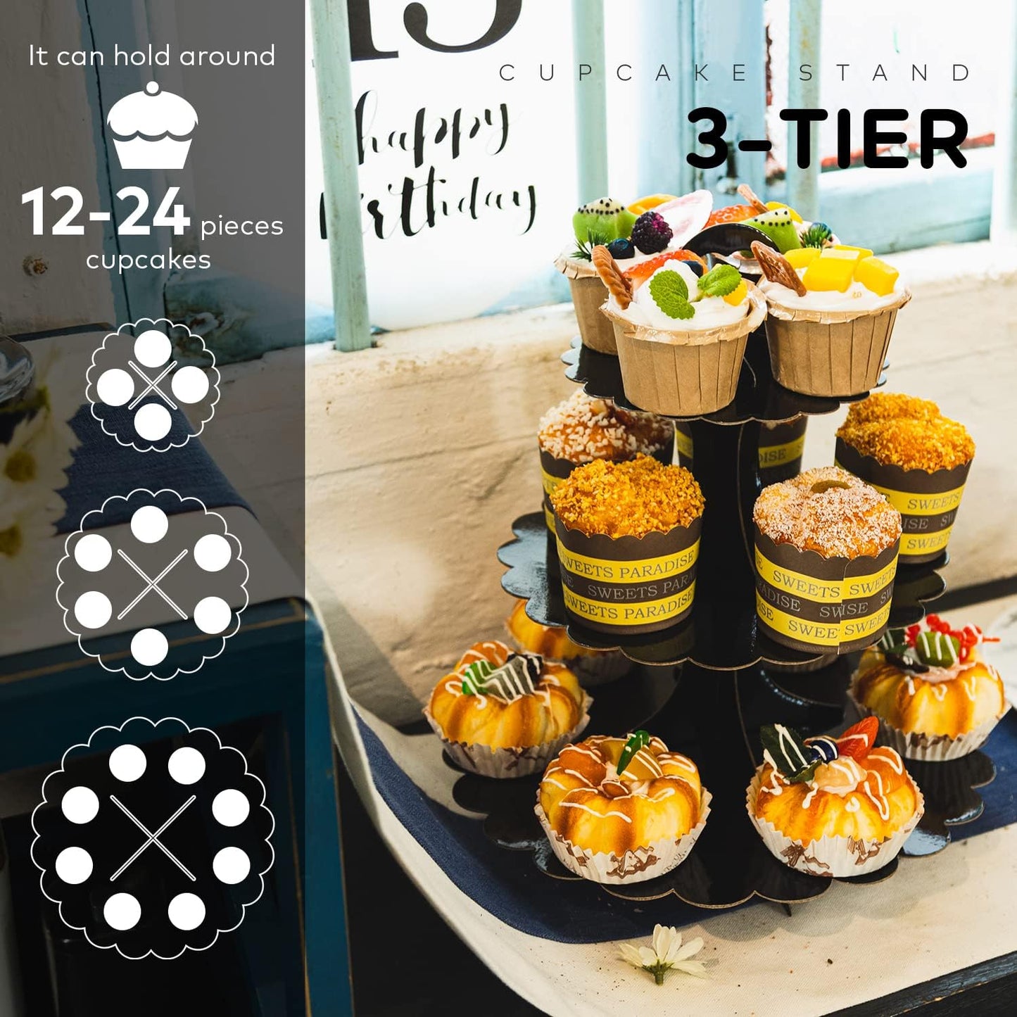 White Cupcake Stand Tower, 3-Tier Cardboard Dessert Display with Heart Handle,Perfect for Birthday Baby Shower Wedding Tea Party Graduation, Easy 60-Second Assembly, Holds 12+Cupcakes (1-Pack)