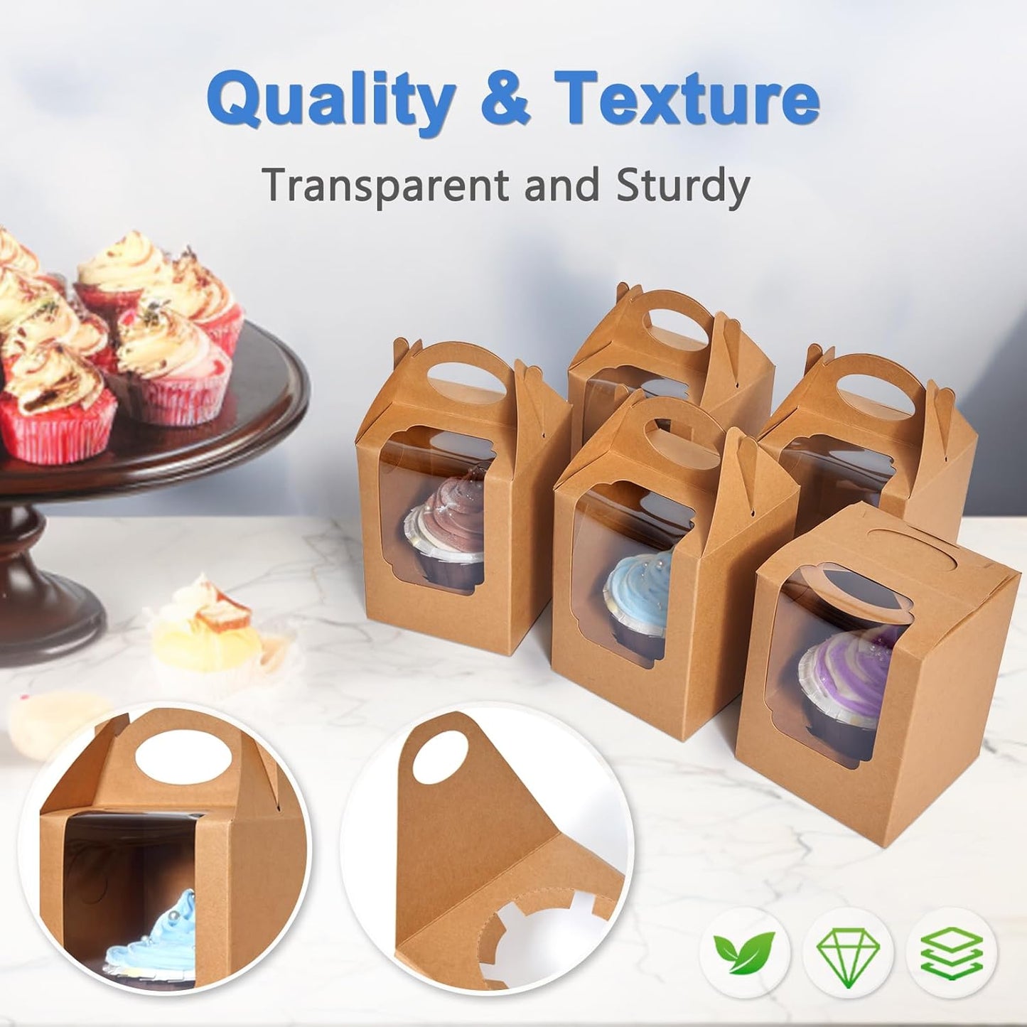 Cupcake Boxes 50 pcs, Individual Cupcake Containers Brown with Window Insert and Handle, Pastry Box Single Muffins Holder Disposable for Bakery Wrapping Party Favor Packaging