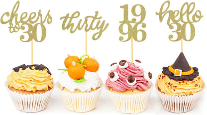 24 PCS Glitter 30th Birthday Cupcake Toppers for Celebrating Thirty Years Old Birthday Party Decorations for 30th Anniversary Party Supplies (Gold)