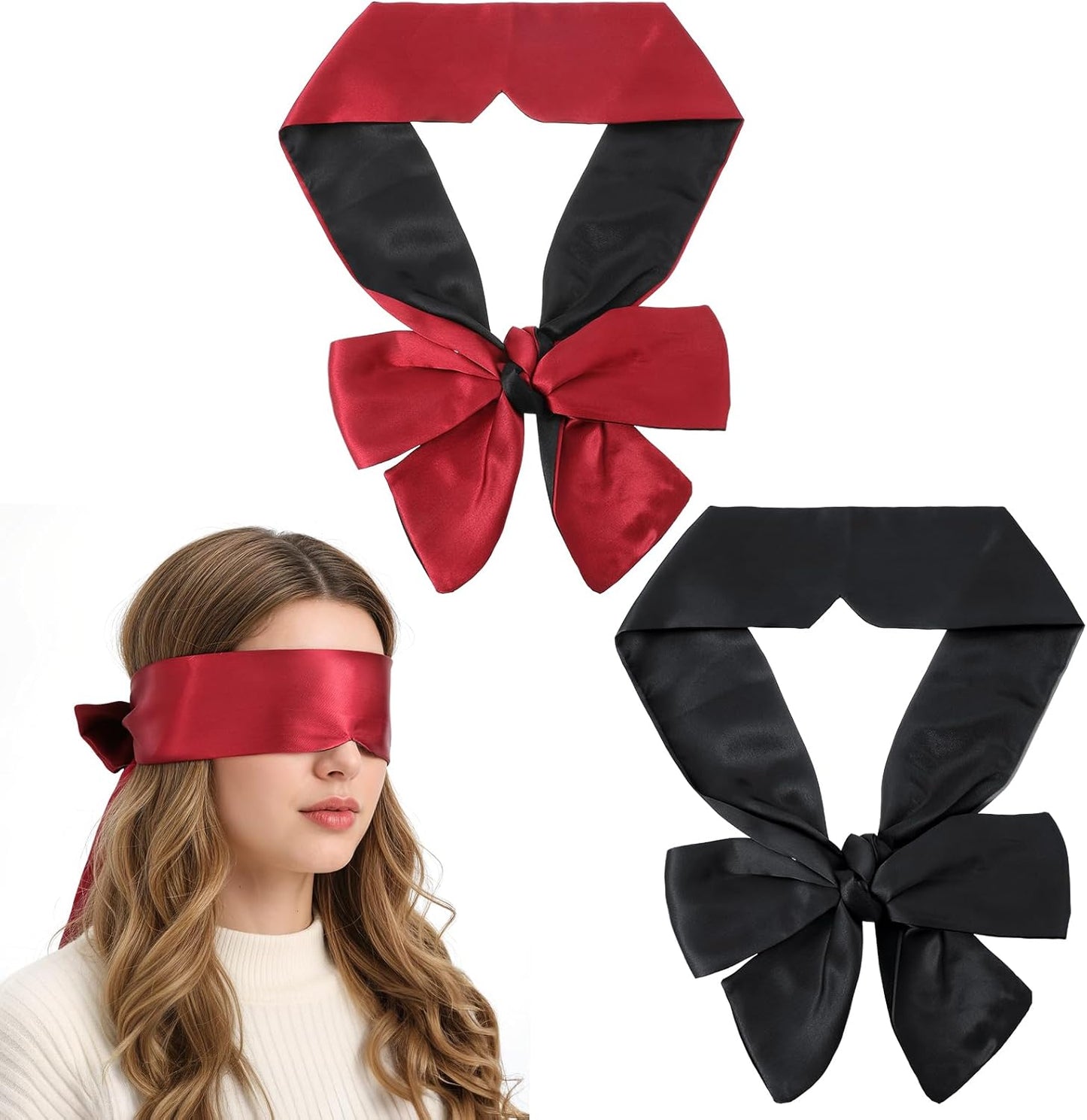 Tyqour 2 Pcs Soft Silk Blindfold for Adult Couples, Satin Blind Folds for Adult Play, Adjustable Blindfold for Party Games, 59 Inch V-Shaped Blackout Sleep Mask for Women Men Gift (Black, Pink)