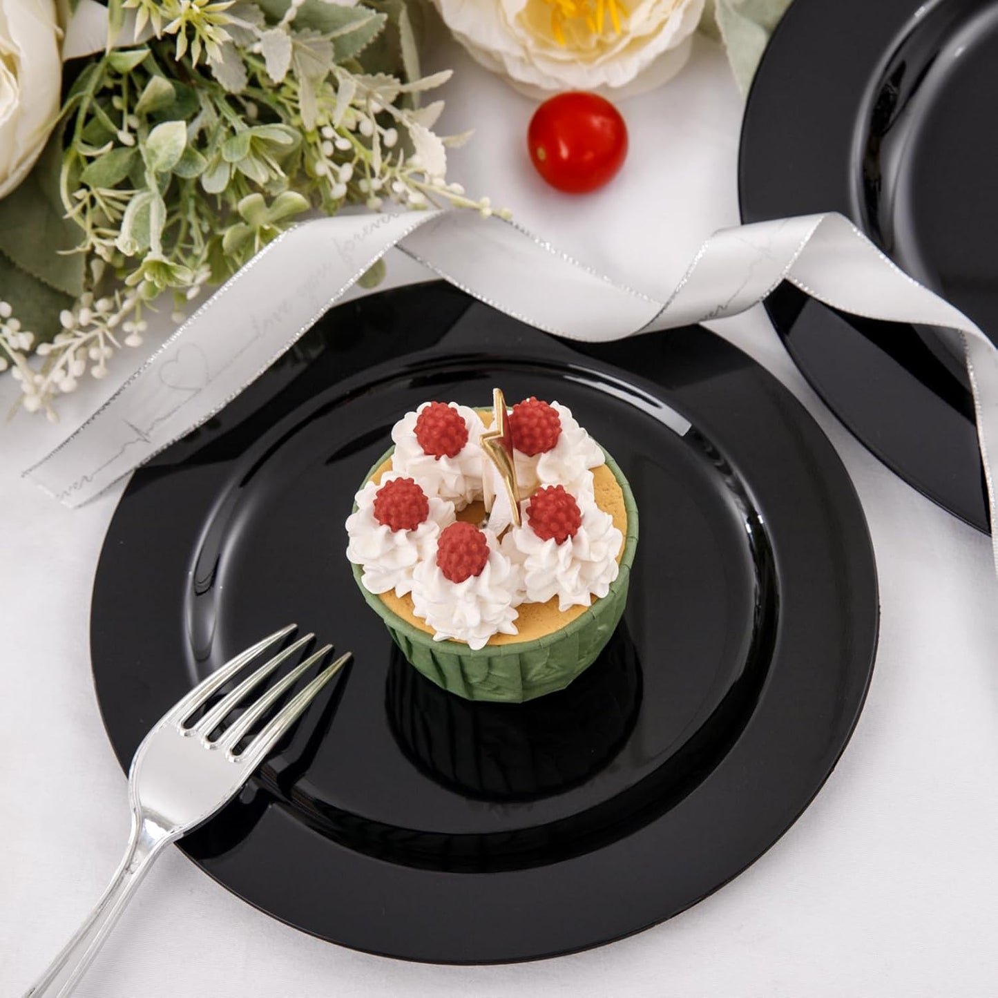 FLOWERCAT 60PCS White Plastic Plates - Heavy Duty White Disposable Plates for Mother's Day/Birthday Party/Wedding -serve for 30 guests Include 30PCS 10.25" & 30PCS 7.5" Plates for Party