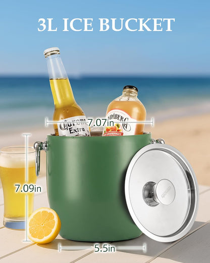 Insulated Ice Bucket, 3L Double Wall Stainless Steel Ice Bucket with Tongs,Lid, Scoop and Strainer, Ice Buckets for Parties,Cocktail Bars, Chilling Beer, Champagne, Wine Bottles,Wood