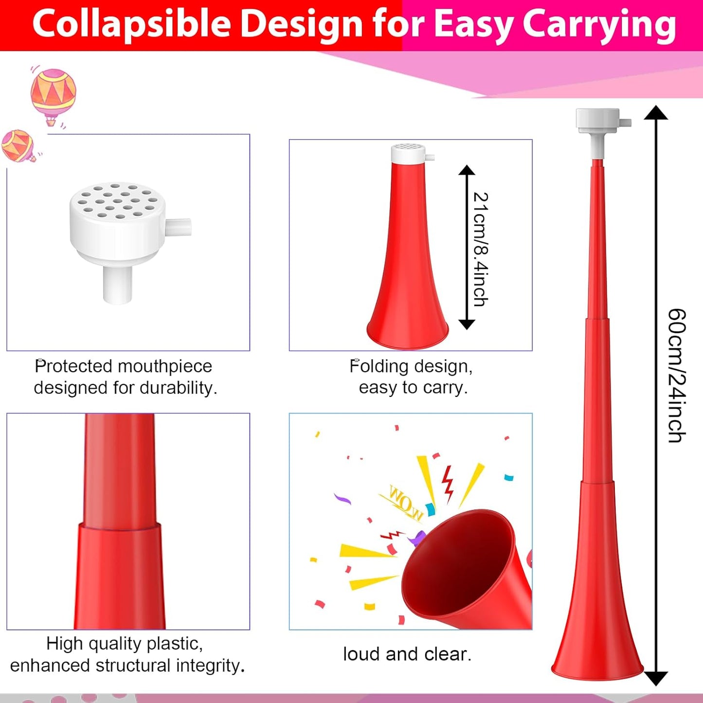 Collapsible Stadium Horn 24 Inch Vuvuzela Plastic Trumpet Blow Horns Noise makers for Sporting Events School Sports Football Games Party Supplies Favors Accessories (Black)