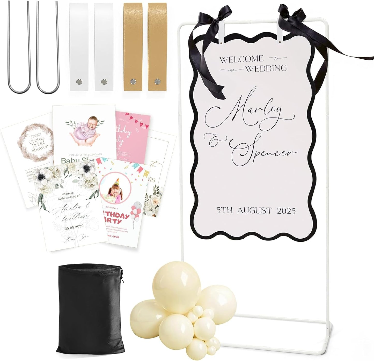 Wedding Welcome Sign Stand, Welcome to our Wedding Sign Holder, Black Easel Stand for Sign Poster With Design Bundle & Ground Stakes & Leather Sign Hanging Straps, Linen Sign Stand for Wedding Decor