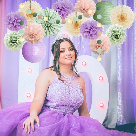 Sage Green and Purple Party Decorations Baby Shower Girl Decorations Sage Green Purple Pink Birthday Party Light Purple Blush Pink Tissue Paper Pom Poms Beige Fans Kit for Wedding Engagement