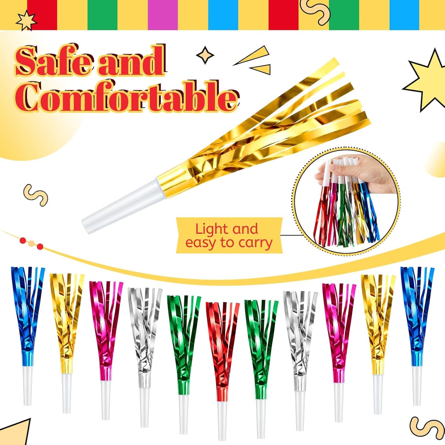 Sumind 24 Pcs Gold Noise Makers Metallic Fringed Party Blowers Horns Whistles Noisemakers Party Favors for Adults Birthday Graduation Sporting Events Celebration Surprise Supplies