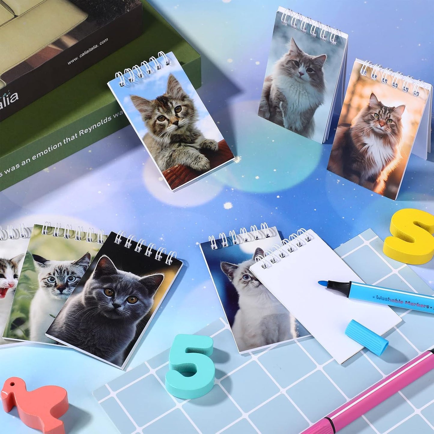 Teling 24 Pcs Cute Cat Party Favors Cat Mini Notepads Spiral Pocket Notebook Small Kitten Notepads for Party Decoration Rewards Office Travel Supplies, 2.4 x 3.9 Inches
