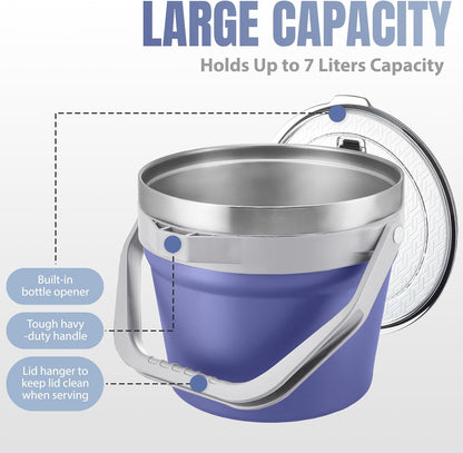 COKTIK 7L Vacuum Insulated Ice Bucket with Lid and Scoop& Tongs，Large capacity Stainless Steel Beverage Bucket for Cocktail, Champagne, Wine, Beer，Large Parties（Milk White Suit）