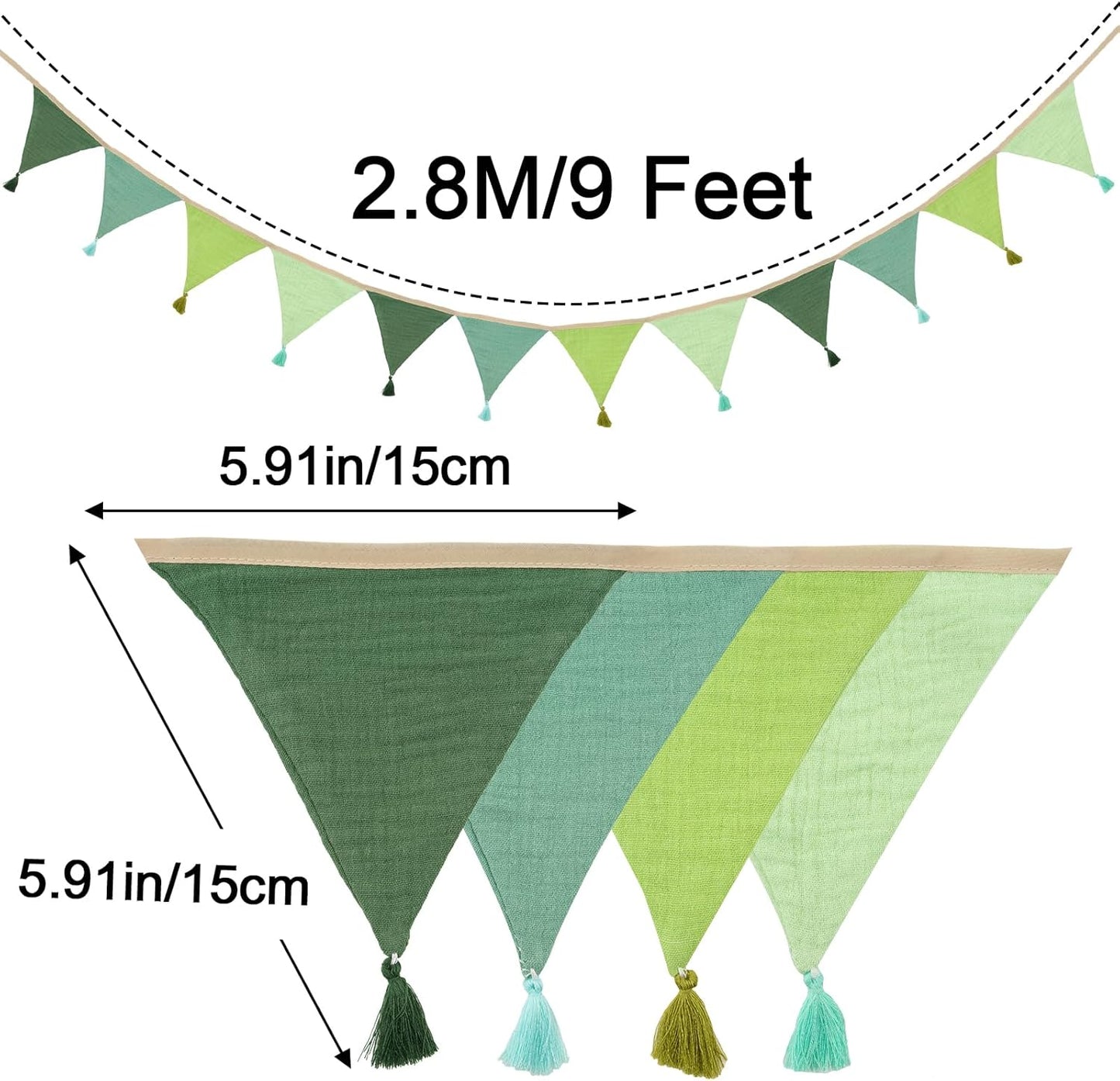 G2PLUS Cotton Fabric Bunting Banner, 9Ft Green Triangle Pennant Banner Flag, 12pcs Double-Sided Bunting Garland with Tassels for Birthday, Nursery, Baby Shower, Classroom Hanging Decor