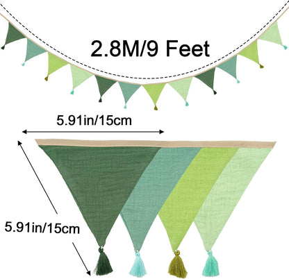 G2PLUS Cotton Fabric Bunting Banner, 9Ft Green Triangle Pennant Banner Flag, 12pcs Double-Sided Bunting Garland with Tassels for Birthday, Nursery, Baby Shower, Classroom Hanging Decor