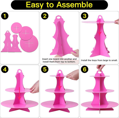 Soleebee 3-Tier Round Cupcake Stand, Cardboard Cupcake Tower, Dessert Cup Cake Stand Tower for Birthday Wedding Party Decoration, Cupcake Tier Stand 1 Set (Hot Pink)