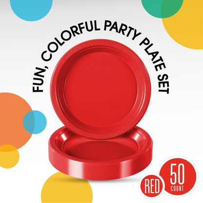 Exquisite Party Solids Red Plastic Plates For Party Supplies 10" Red Disposable Plates Heavy Duty 50 Pcs Plastic Dinnerware Sets Heavy Duty 350 GSM Disposable Dinnerware Set