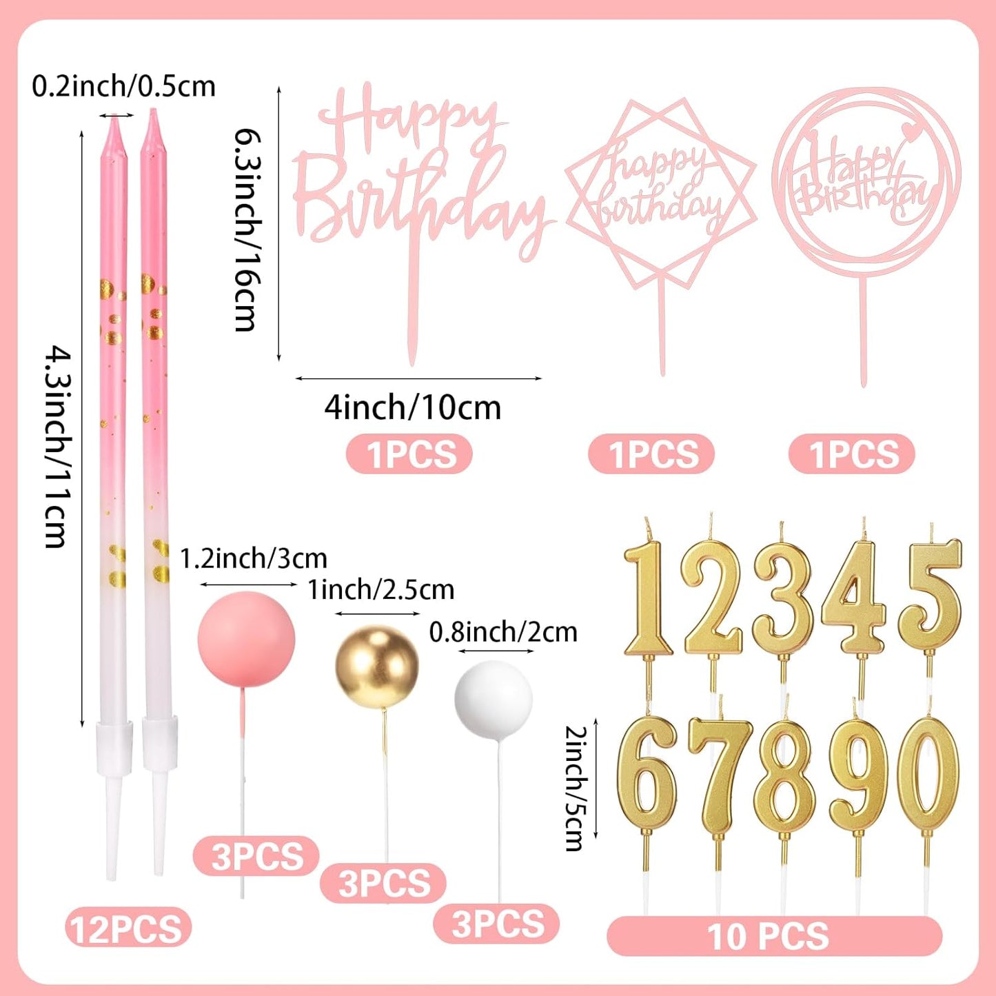 Yerliker 34 Pcs Happy Birthday Cake Toppers Decorations Birthday Candles DIY Cake Decor for Men Women Wedding Anniversary(Gold)