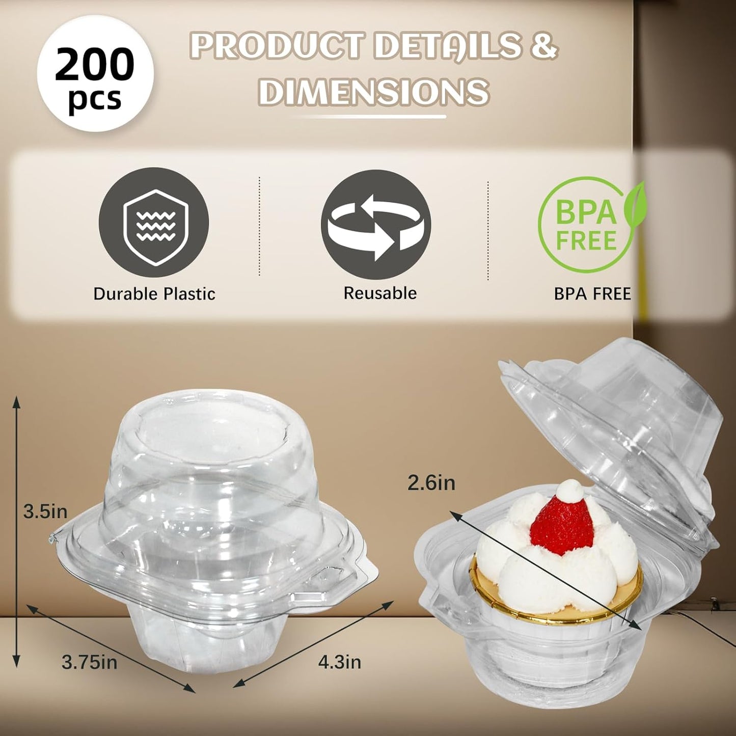 WIKDAY 50 Pcs Individual Cupcake Containers, Clear Plastic Cupcake Holders with Lids, Spacious 3" Design for Frosted Cupcakes, Stackable & Reusable for Parties, Baking, Picnics
