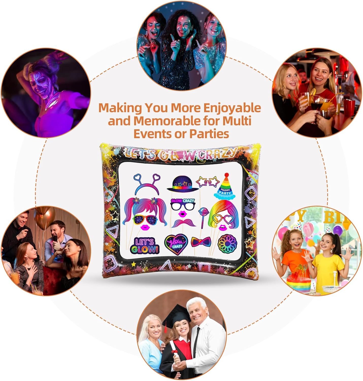 25pcs Neon Glow Party Photo Booth Props with Let's Glow Inflatable Selfie Photo Booth Frame - Funny Neon Selfie Props for Dark Black Light Birthday Party Decoration Supplies