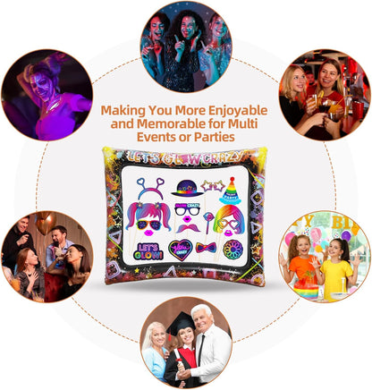 25pcs Neon Glow Party Photo Booth Props with Let's Glow Inflatable Selfie Photo Booth Frame - Funny Neon Selfie Props for Dark Black Light Birthday Party Decoration Supplies