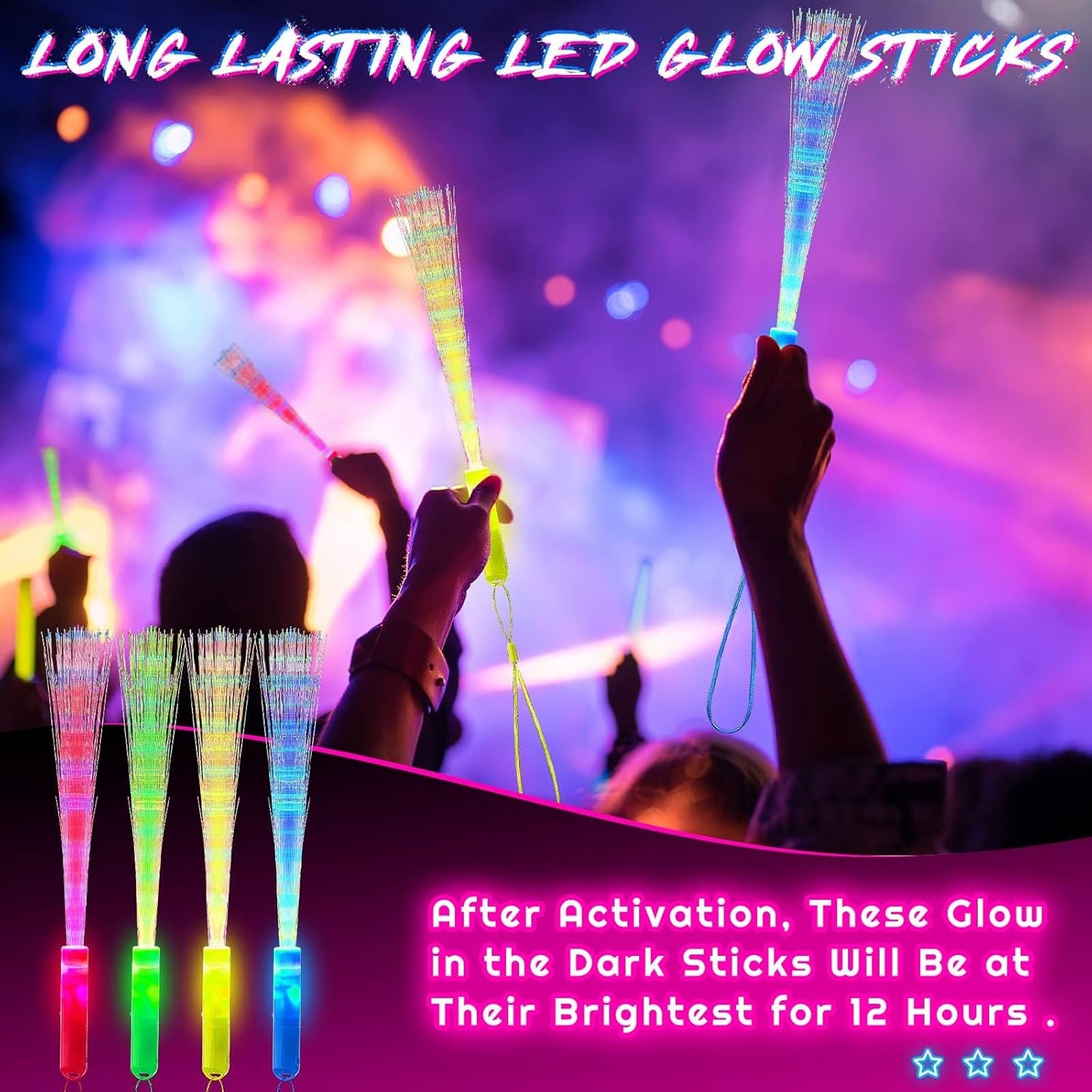 Zhanmai 24 Pieces Upgraded Glow Fiber Wands Sticks K-pop Concert LED Light Fiber Optic Wands LED Flashing Glow Sticks Bulk for Wedding Party Favors(Mixing Color)