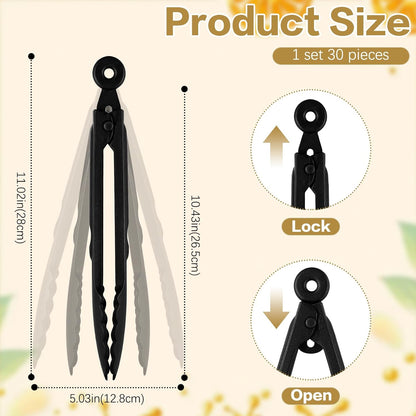 30Pc Plastic Serving Tongs, 11-Inch Heavy Duty Locking Reusable or Disposable Salad Tongs with Secure Push & Pull Lock, Hanging Hole Serving Utensils Set for Buffets, Appetizer, BBQ, Catering, Parties