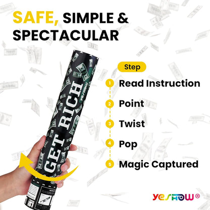 Money Confetti Gun, Biodegradable Confetti Cannon Party Poppers (6 Pack) – YESHOW Cash Cannon & Prop Money Blaster for Birthday, Graduation, New Year’s Eve, Christmas Party Supplies - 12 inch