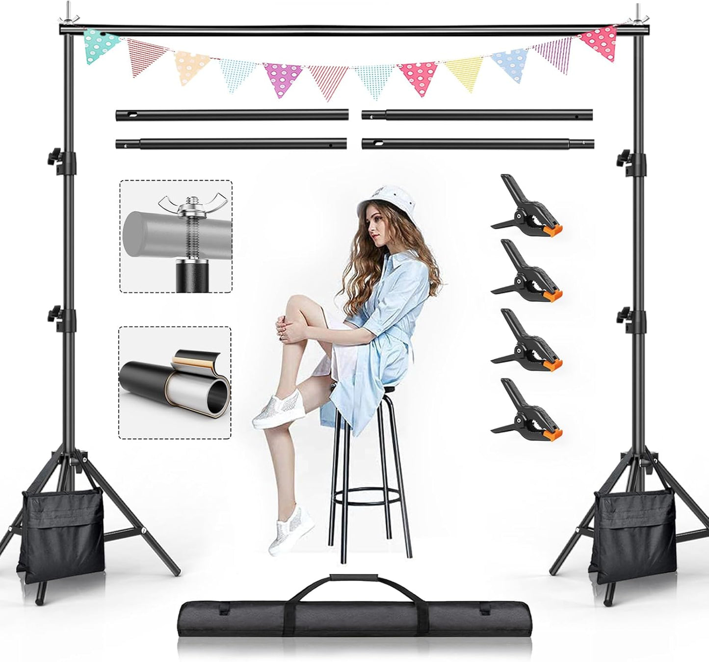 BEIYANG 6.5x6.5 FT Backdrop Stand, Adjustable Photo Background Stand Support kit with Carry Bag for Parties, Decoration, Wedding, Photo Video Studio Shooting