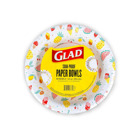 Glad Round Disposable Paper Bowls, Picnic Design - Heavy Duty, Soak-Proof, Cut-Resistant, Microwavable Paper Bowls for All Foods, Daily Use, and Summer Occasions, 12 oz, 50 Count