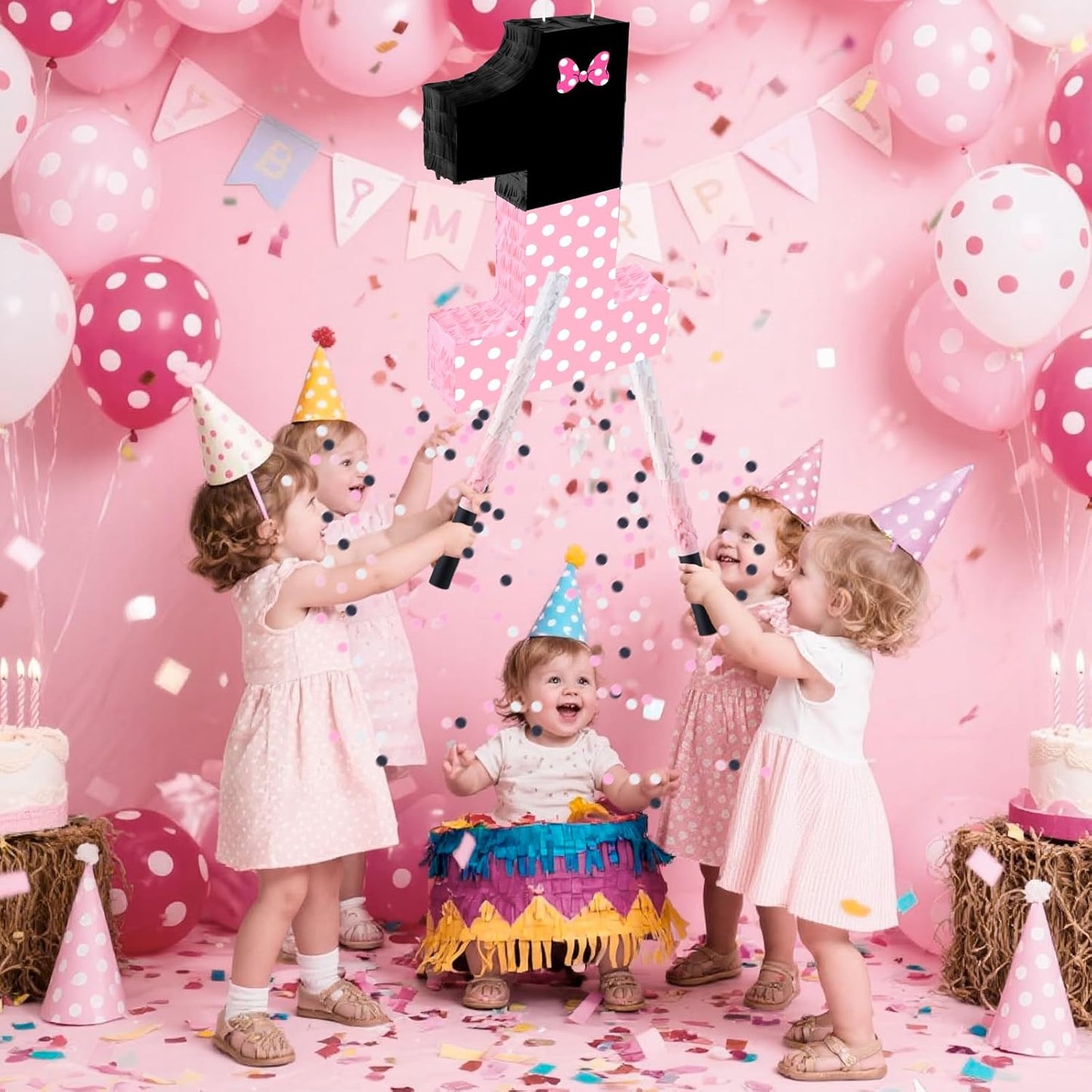 15.7 x 11.5 x 3 Inch Pink Bow Number 2 Pinata,Pink Bow Birthday Decorations, Fillable Hanging Piñata with Stick Blindfold Confetti for Girls Boys 2nd Anniversary Party Decorations