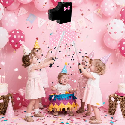 15.7 x 11.5 x 3 Inch Pink Bow Number 2 Pinata,Pink Bow Birthday Decorations, Fillable Hanging Piñata with Stick Blindfold Confetti for Girls Boys 2nd Anniversary Party Decorations