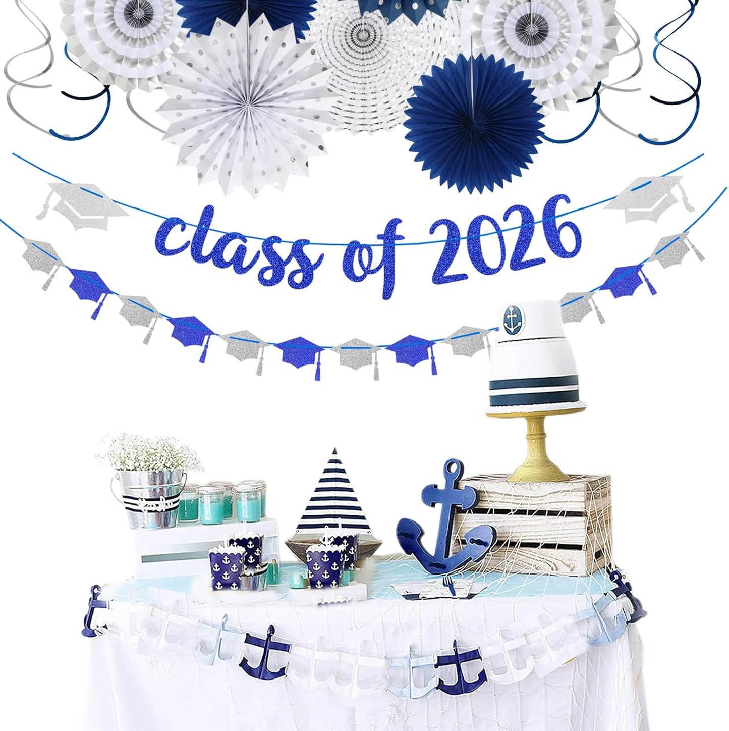 Navy-Blue White Silver Tissue Pom-Poms - 15pcs 5 Size Party Decorations Paper Flowers,Graduation Wedding Baby Bridal Shower Room Hanging Decorations Boy Birthday Party Backdrop Decor Panduola