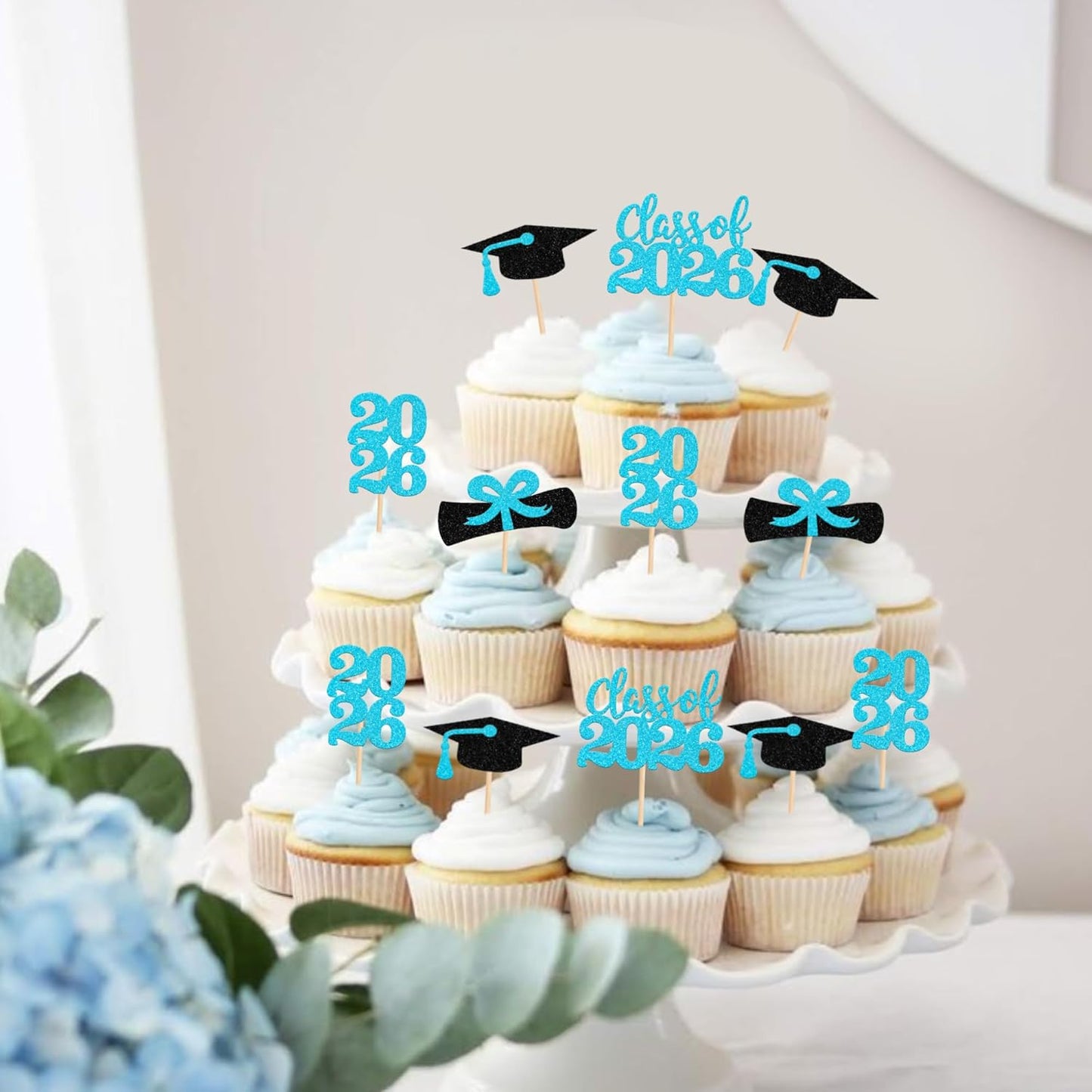 36 PCS 2026 Graduation Theme Cupcake Toppers Glitter Class of 2026 Grad Cap Diploma Cupcake Picks 2026 Graduation Theme Party Cake Decorations Supplies Deep Blue