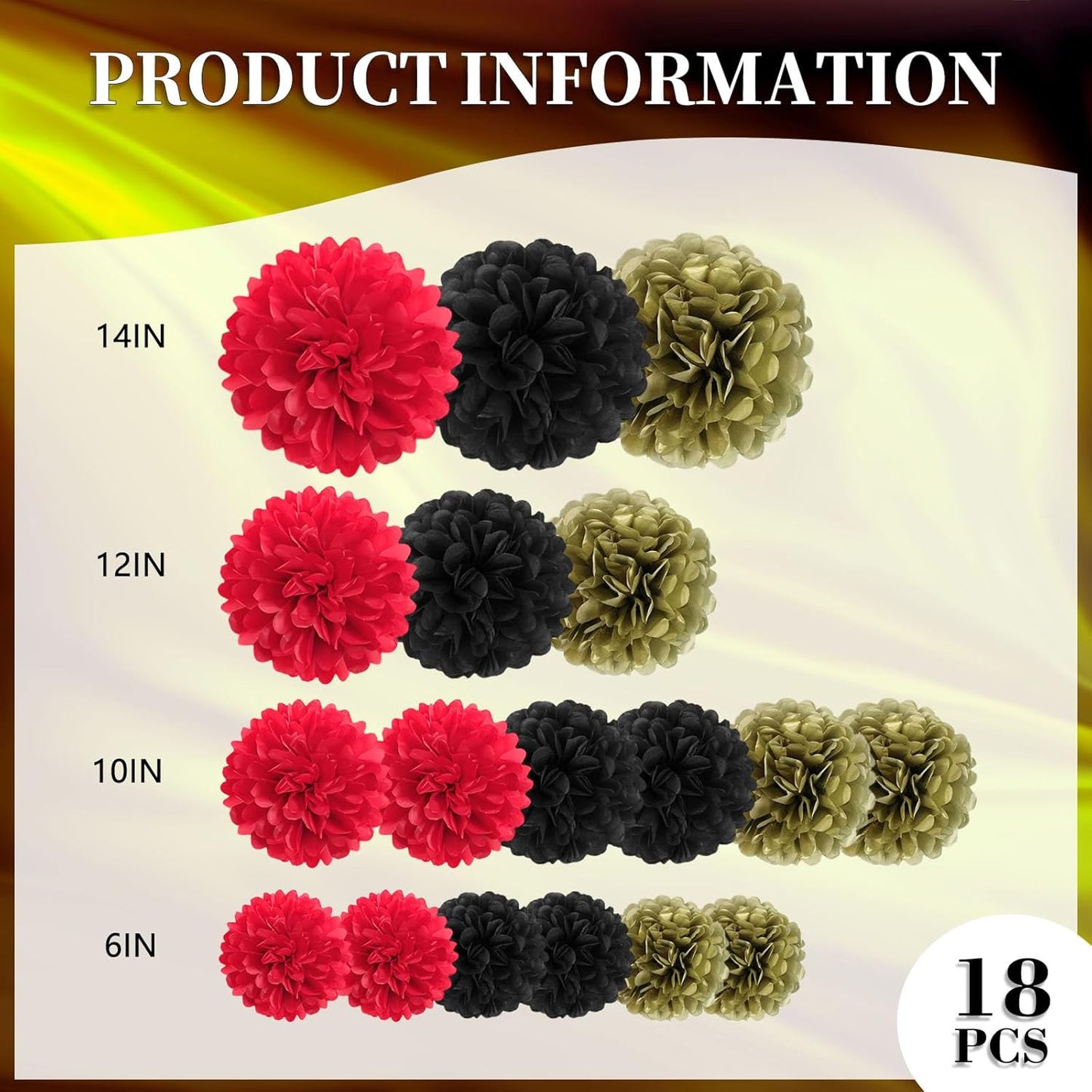 18 PCS Tissue Paper Pom Poms, Tissue Pom Poms Flowers, Sizes of 6", 10", 12", 14" Hanging Paper Flower Ball for Wedding, Birthday, Halloween, Christmas, Baby Shower Party Decor (Red Black Gold)