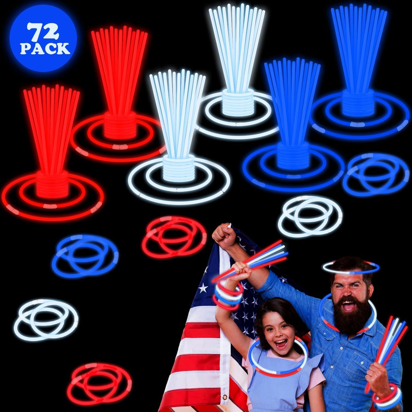 Bulk Patriotic Red White Blue glow sticks 300 PCS,Light up Bracelets Necklaces Accessories for Kids,Glow Party Favors Supplies Decorations for Independence Day, Fourth 4 of July Parade, Birthday, Pool