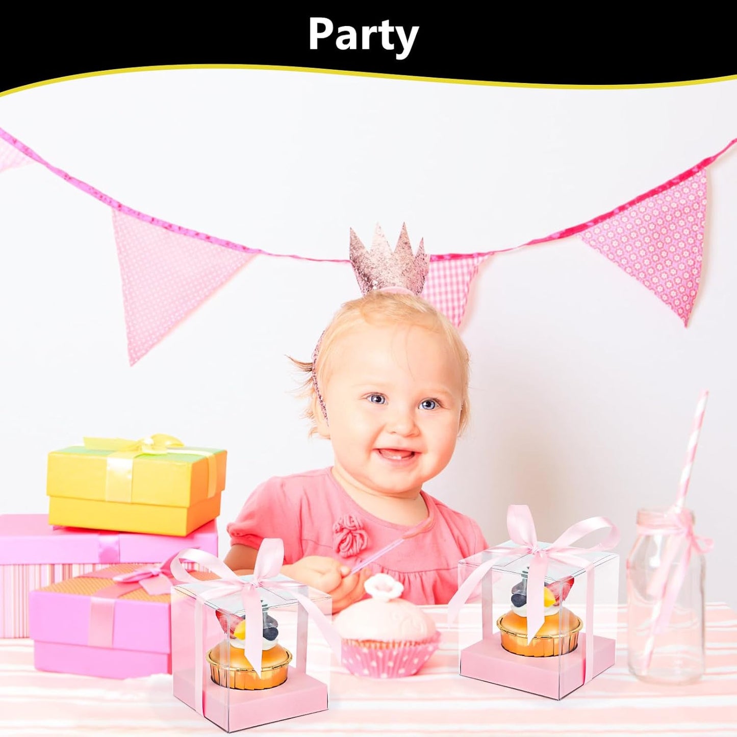 EUSOAR Individual Cupcake Holder, 50pcs 3.5 Inch Plastic Black Cupcake Containers with Lids, Single Transparent Display Clear Cupcake Carrier with Ribbon and Inserts for Wedding Party Favor