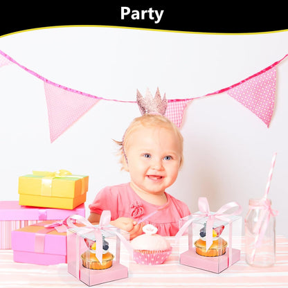 EUSOAR Individual Cupcake Holder, 50pcs 3.5 Inch Plastic Black Cupcake Containers with Lids, Single Transparent Display Clear Cupcake Carrier with Ribbon and Inserts for Wedding Party Favor