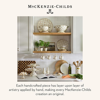 MACKENZIE-CHILDS Enamel Pedestal Platter, Round Cake Stand, Large, Black-and-White Courtly Check