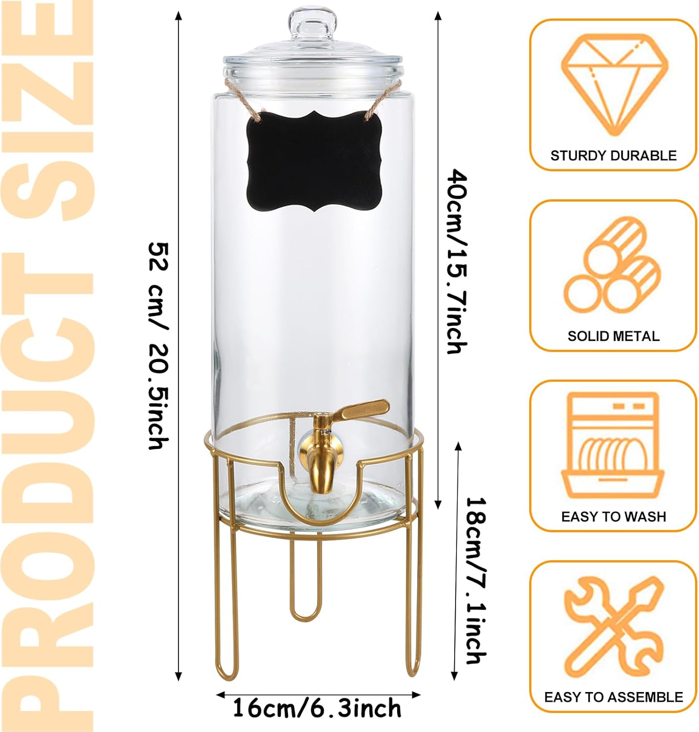 Drink Dispensers for Parties 1 Gallon, Bevarage Dispenser with Stand,Glass Drink Dispenser With Stainless Steel Spigot + Marker & Chalkboard, Ideal for Lemonade,Juice, Tea, and Party Drinks