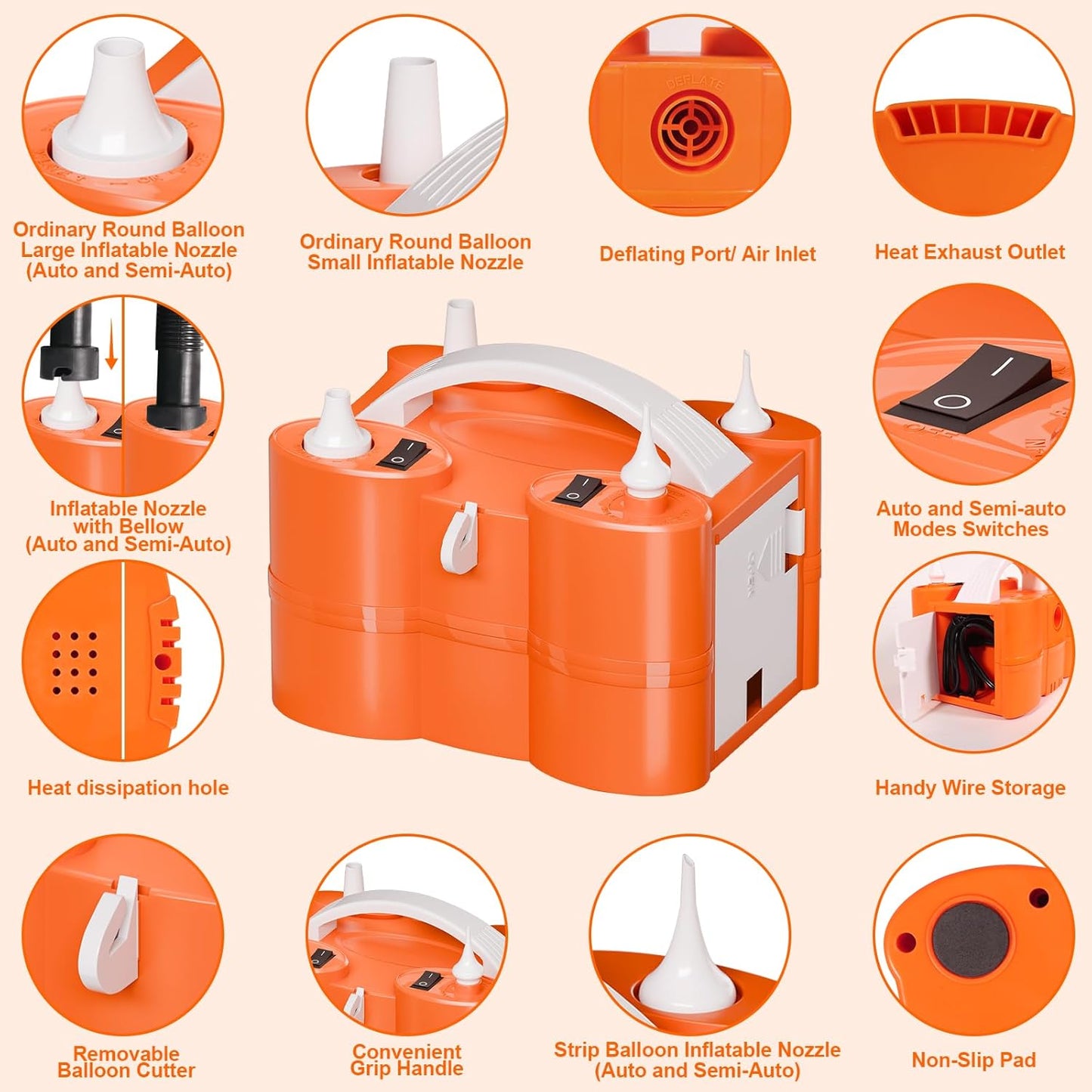 FLSEPAMB Electric Balloon Pump, 3-in-1 Portable Electric Air Balloon Blower Machine Balloon Pump 2 Motor Dual Nozzle Balloon Inflator for Latex 260Q Long Foil Balloons Swimming Rings Air Beds